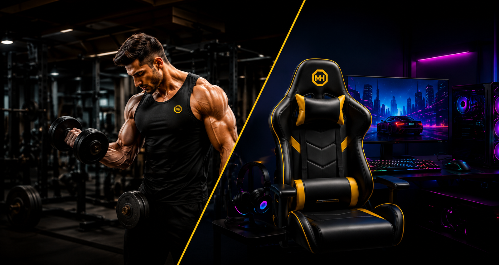 Athlete lifting dumbbell beside gaming station